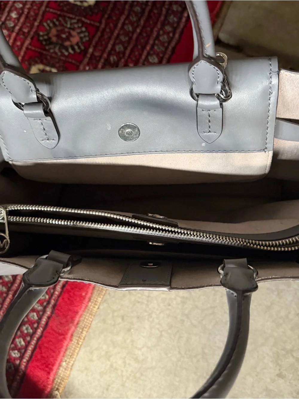 Auth Michael Kors Gray Top-Handle Satchel with Chain Lock Accent